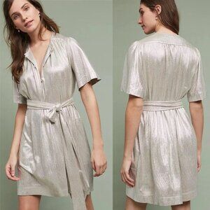 Sabina Musayev Anthro Gold Tiny Tile Raised Texture Blouson Dress & Waist Tie, M